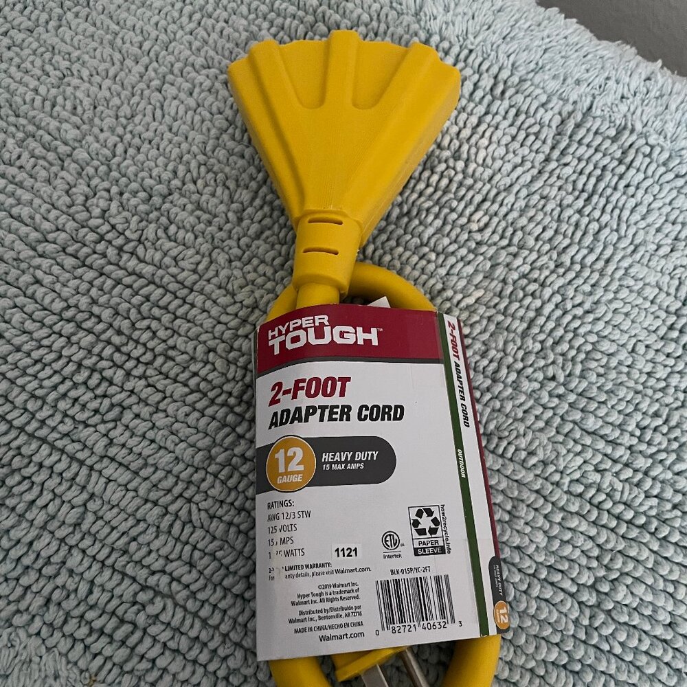 Hyper Tough 2 Foot Heavy Duty Adapter Extension Cord,15 Amps, Yellow